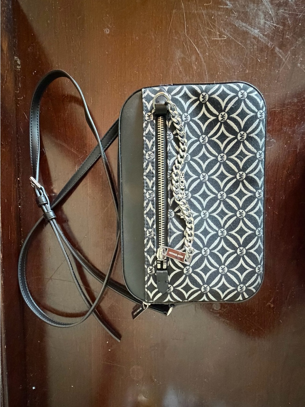 Michael Kors Black Patterned Crossbody with Chain Detail